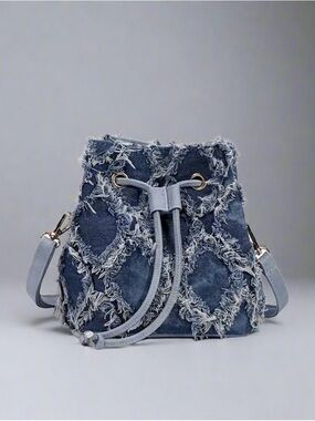 Denim Fringed Drawstring Crossbody Bag - Blue